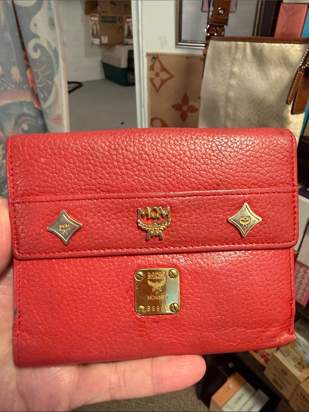 MCM Red Leather Fold Wallet with Gold Logo Plaques Vintage